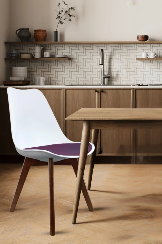 Image of Fusion Living Soho Plastic Dining Chair With Squared Dark Wood Legs White & Aubergine, Purple FL2431