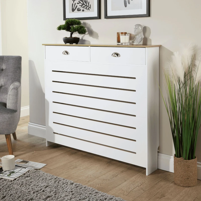Image of Home Source Batley Radiator Cover Grill Shelf Cabinet Two Drawers MDF Modern White White Unisex