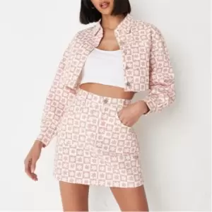 image of Missguided Floral Checkerboard Crop Denim Jacket - Cream