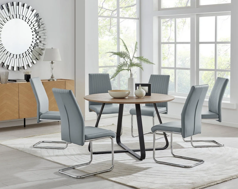 Image of FurnitureboxUK FurnitureboxUK Santorini Brown Wood Effect Dining Table & 6 Black Lorenzo Chairs in Grey Grey One Size Unisex 5056657124069