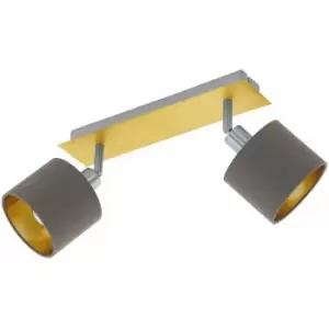 Image of Flush Ceiling Light Brushed Brass Satin Nickel Shade Cappuccino Fabric E14 2x7W