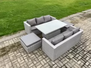 Image of Fimous 6 Seater Outdoor Light Grey Rattan Lounge Complete Sofa Set with Height Adjustable Table and 2 Big Footstools