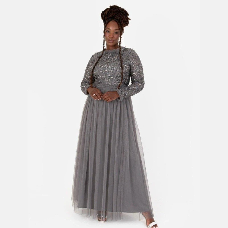 Image of Maya Deluxe Maya Charcoal Maxi Sleeve Embellished Maxi Dress with Frill Detail Charcoal female 10 (S)
