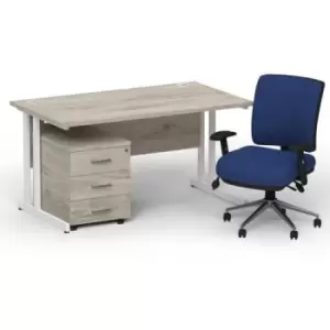 Image of Impulse 1400 x 800 White Cant Office Desk Grey Oak + 3 Dr Mobile Ped & Chiro Med Back Blue W/Arms