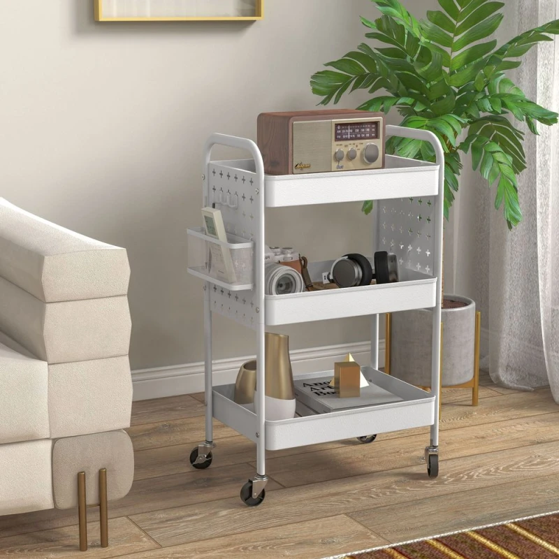 Image of HOMCOM Rolling Utility Cart with 3 Mesh Basket - 2 Boxes - 6 Hooks for Kitchen TJ Hughes 5056725380601