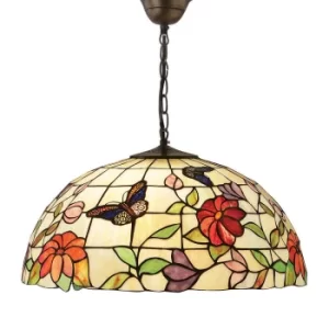 image of Butterfly 3 Light Large Ceiling Pendant Bronze, Tiffany Style Glass, E27