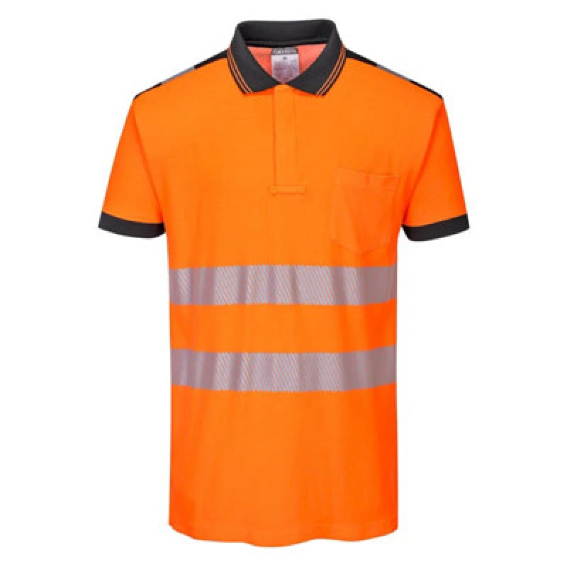 Image of Portwest PW3 Hi Vis Cotton Comfort Polo Short Sleeve Shirt T180OBRXS Colour: Orange / Black