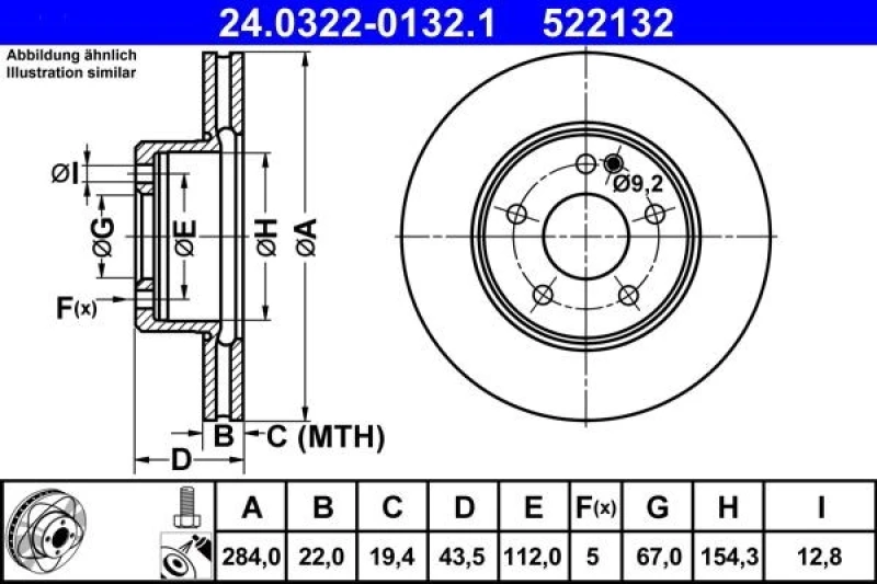Image of ATE 24.0322-0132.1 Brake disc Vented, Coated, Alloyed/High-carbon, with bolts/screws Brake Disc (82)