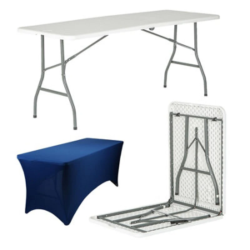 Image of Harbour Housewares Folding Camping Picnic Table With Fitted Tablecloth - 180Cm (6ft) - White/blue - Portable Plastic Outdoor Party Display
