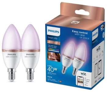 Image of Philips Wiz E14 Colour Smart LED WiFi Candle Bulbs - 2 Pack