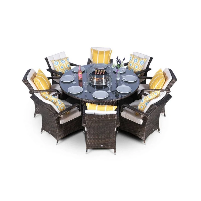 Image of Thats Furniture Arizona Fire Pit 8 Seater Round Rattan Dining Set in Brown Brown Unisex