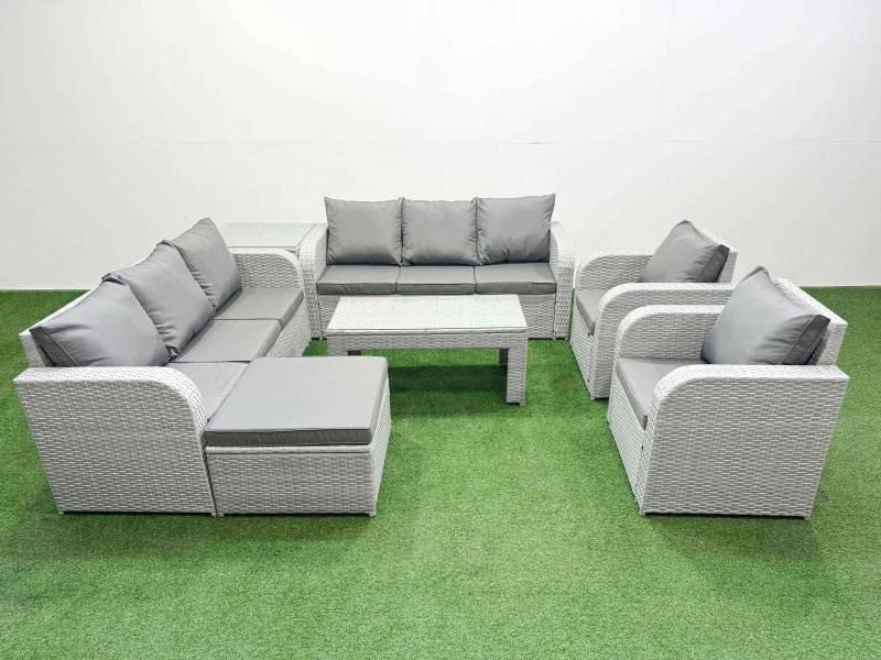 Image of Fimous PE Rattan High Back Lounge Sofa Set Patio Oblong Coffee Table & Chairs Set with 3 Seater Sofa Reclining Chair Big Footstool Side Table Light Gr