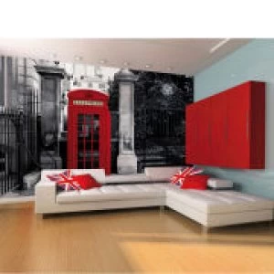 Image of Red British Telephone Box on a Black and White Backdrop Wall Mural