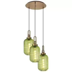 image of Luminosa Acree 2m Round Ceiling Pendant 3 Light E27 With 20cm Tubular Ribbed Glass, Brass Gold, Green, Matt Black