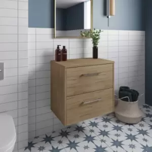 image of Hudson Reed Juno Wall Hung 2-Drawer Vanity Unit with Worktop 600mm Wide - Autumn Oak