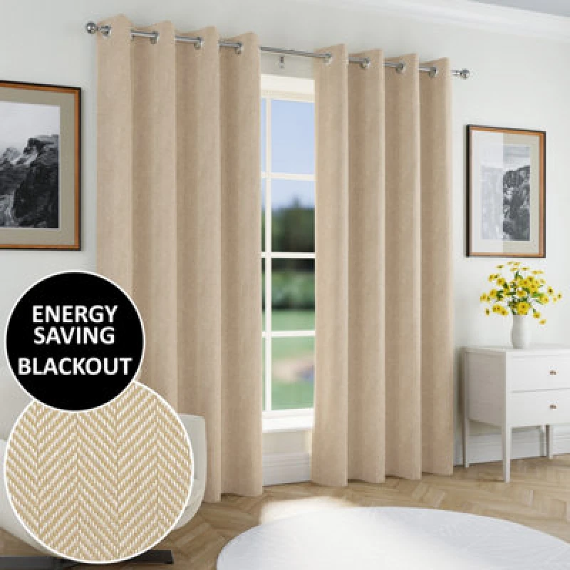 Image of Enhanced Living Chester Natural 66 X 90" (168X229Cm) Eyelet Thermal Noise Reducing Blackout Curtains (Pair)