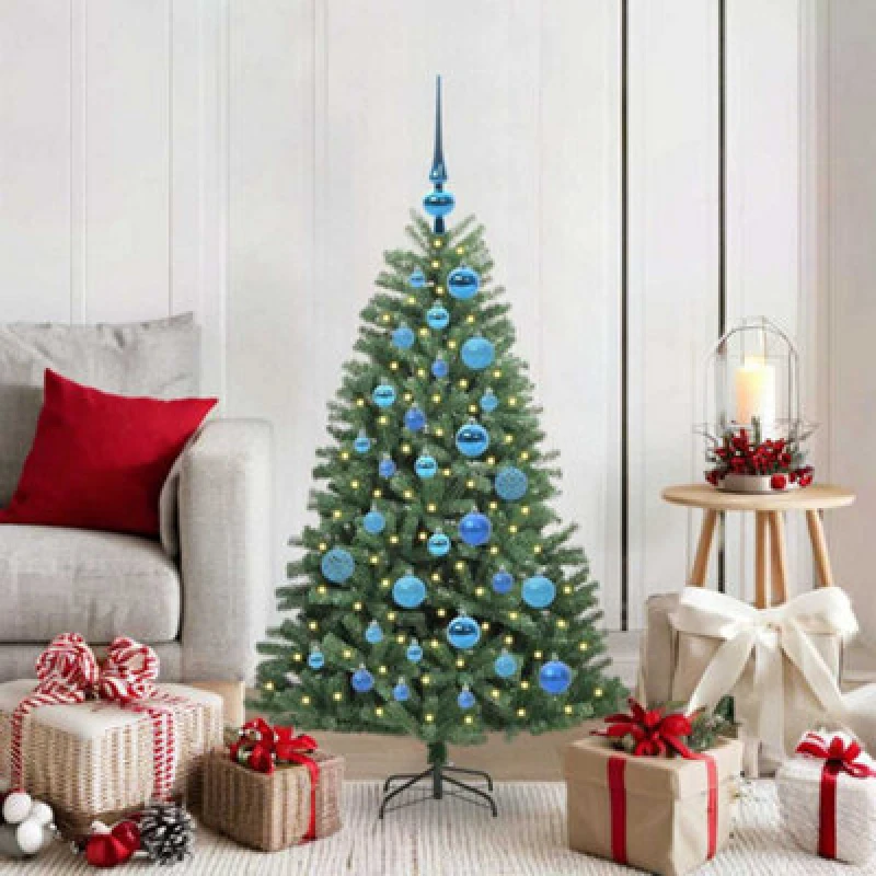 Image of vidaXL Artificial Hinged Christmas Tree Blue Balls Green 120cm PVC and Metal, Green 3395476