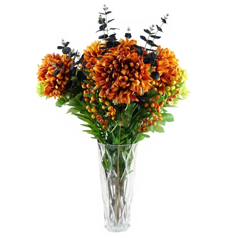 Image of Leaf 80cm Orange Chrysanthemum Foliage & Glass Vase in Black Unisex