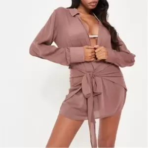 Missguided Cheesecloth Tie Waist Beach Cover Up Shirt Dress - Brown