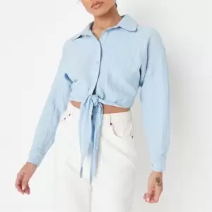 Image of Missguided Petite Crinkle Tie Front Cropped Shirt - Blue