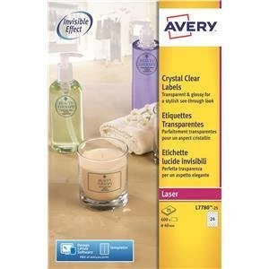 Image of Original Avery L7780 25 Crystal Clear Round Labels 40mm Diameter Clear Pack of 600 labels