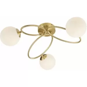 Image of Loops - Semi Flush Multi Arm Ceiling 5 Light Fitting - Satin Brass & Opal Glass Shades