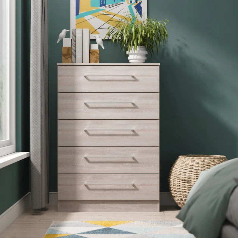 Image of Welcome Furniture Ltd Worcester 5 Drawer Chest in Grey Oak - Ready Assembled, Grey WOR012GOGO