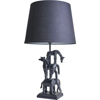 image of Matt Black Stacked Animal Table Lamp with Fabric Lampshade - Black