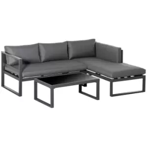 Image of Outsunny 3 PCs L-shape Aluminium Garden Corner Sofa Set with Padded Cushions, Outdoor Conversation Furniture Set with Glass Coffee Table, Grey