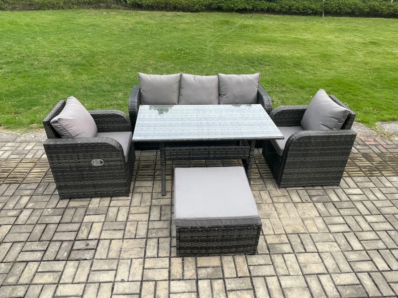 Image of Fimous Wicker PE Rattan Garden Furniture Set Outdoor Rectangular Dining Table & Chair Sofa Set With Big Footstool in Dark Grey Dark Grey Unisex