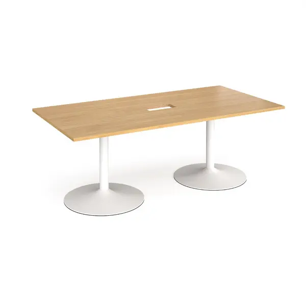 image of White Trumpet Base Rectangular Boardroom Table with Power Module Cut Out 2000mm - Oak