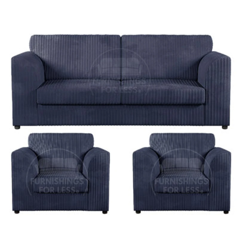 Image of Furnishings For Less UK Luxor Jumbo Cord 3 + 1 + 1 Fabric 3 Piece Sofa Suite - Fullback Navy Blue