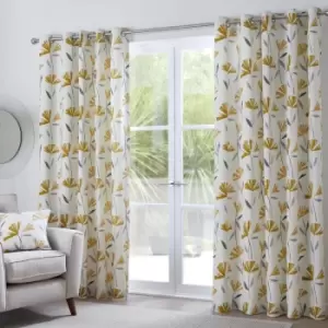 Image of Fusion Dacey Contemporary Floral Print 100% Cotton Eyelet Lined Curtains, Ochre, 90 x 90 Inch