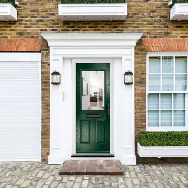Image of Lacerta Composite Door Lytham Green 890mm X 2090mm Open In Left Hand Clear Glass 10 Year Guarantee - Free Delivery & Smart Lock