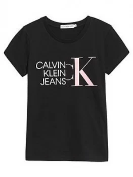 Image of Calvin Klein Jeans Girls Hybrid Logo Slim T-Shirt - Black, Size Age: 14 Years, Women