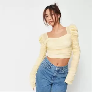 image of Missguided Tall Mesh Ruched Puff Sleeve Milkmaid Top - Yellow