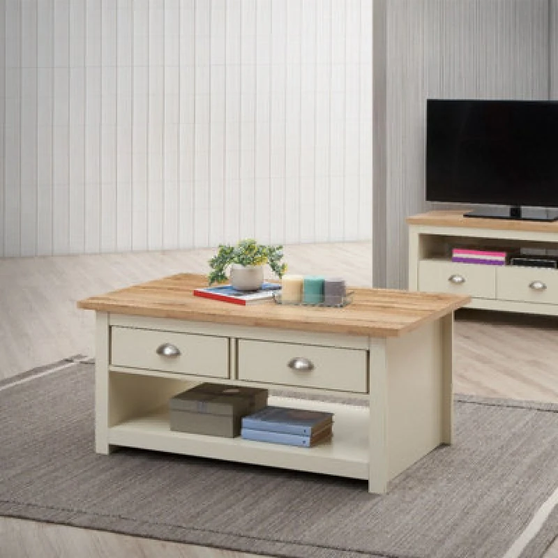 Image of Timber Art Design Lisbon Living Room 2 Drawer Coffee Table Cream Storage Furniture