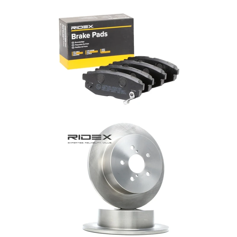 Image of RIDEX 3405B3376 Brake disc and pads set Rear Axle, Brake Disc Type: Solid, with acoustic wear warning Brake Set,disc brakes (3405)