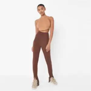 image of Missguided Tall Ribbed Fitted Flare Split Trouser - Brown