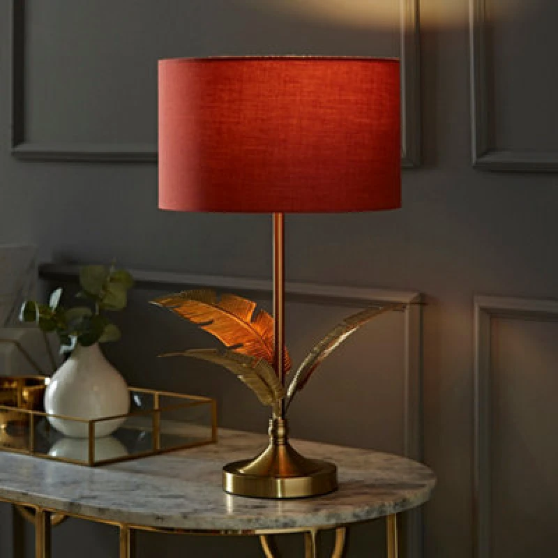 Image of ValueLights ValueLights Christina Fabric Drum Shade Gold Palm Leaf Detail Stem Table Lamp with LED Bulb in Burnt Orange Burnt Orange One Size Unisex 5