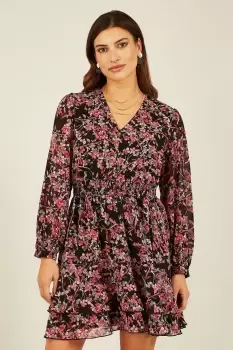 Image of Black Blossom Print Ruched Waist Long Sleeve Skater Dress