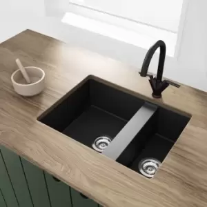 Image of 1.5 Bowl Undermount Black Granite Composite Kitchen Sink Reversible - Enza Madison