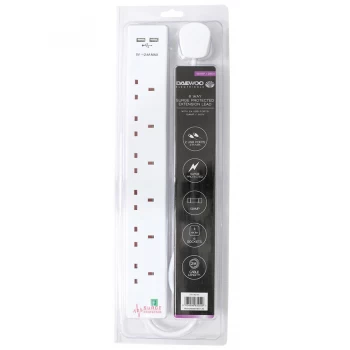 Image of Daewoo 6-Way 2m Extension Lead with Surge Protection - White