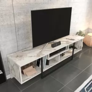 image of Decorotika - Asal150 Cm Wide Modern tv Unit , industrial Metal tv Stand -Open Shelf Lowboard Up To 63 TVs Ephesus Black