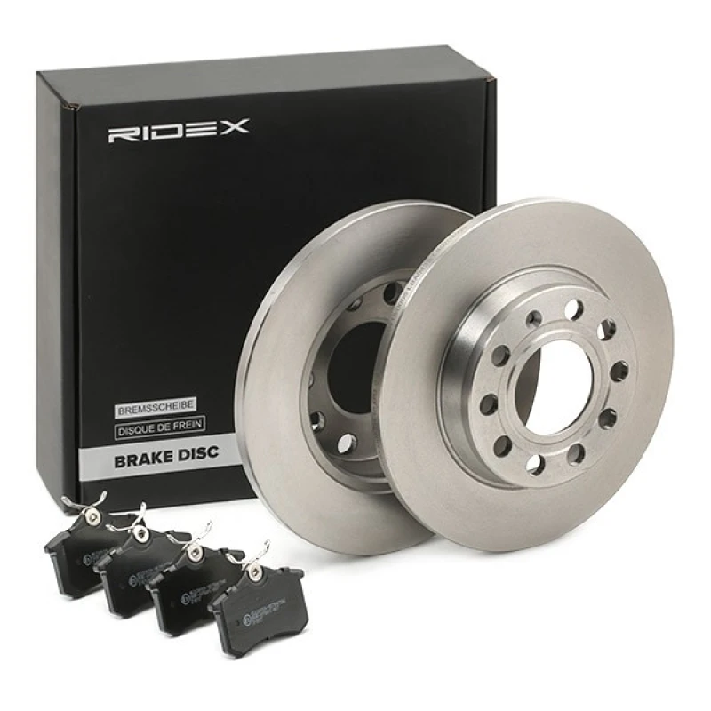 Image of RIDEX 3405B0468 Brake disc and pads set with accessories, Rear Axle, Brake Disc Type: Solid, not prepared for wear warning indicator, with brake calip