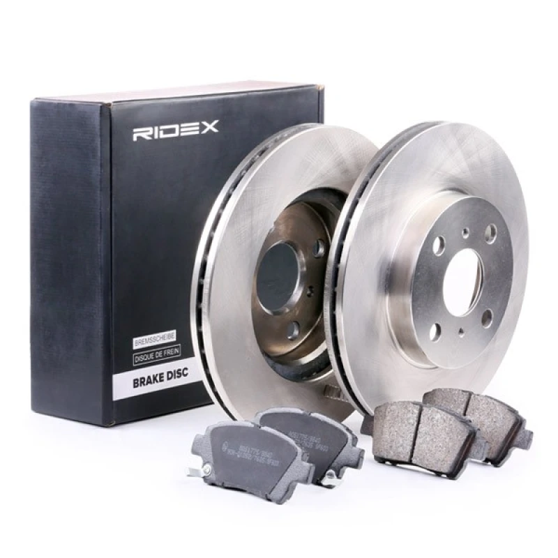 Image of RIDEX 3405B0202 Brake disc and pads set Front Axle, Brake Disc Type: Vented, with acoustic wear warning Brake Set,disc brakes (3405)