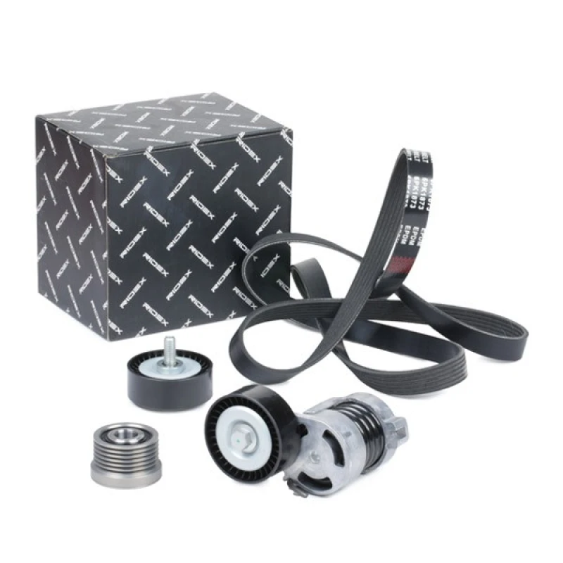 Image of RIDEX 542R0730 V-ribbed belt set with tensioner arm, tensioner pulley EPDM (ethylene propylene diene Monomer (M-class) rubber) V-Ribbed Belt Set (542)
