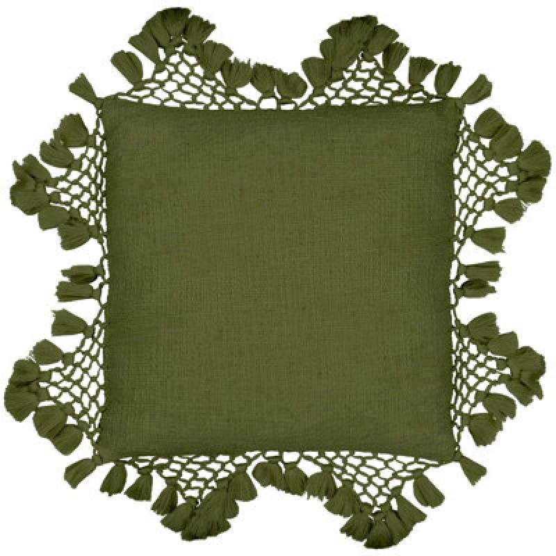 Image of Yard Anko Slub Cotton Macrame Tassel Trimmed Cushion Khaki