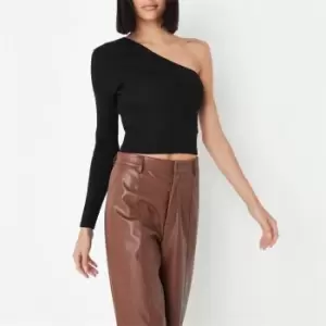 image of Missguided Rib One Asymmetric Sleeve Knot Crop Top - Black