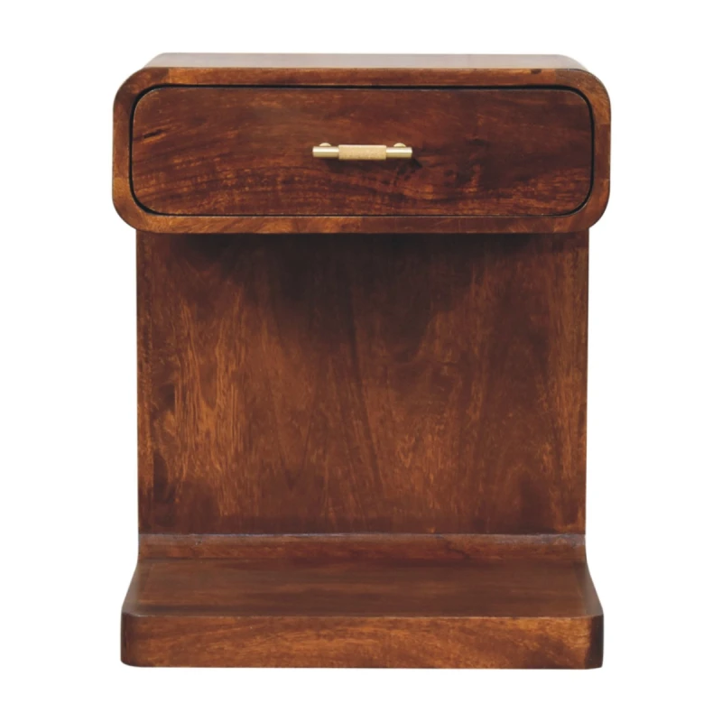 Image of Artisan Furniture Artisan Furniture Solid Wood Chestnut T-Bar Rounded Bedside, 1 Drawer and Open Space, Dark Brown